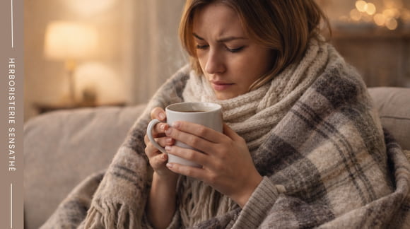 Personne buvant une tisane chaude expectorante à base d'hysope dans une ambiance hivernale pour apaiser la toux - Herboristerie Sensathé